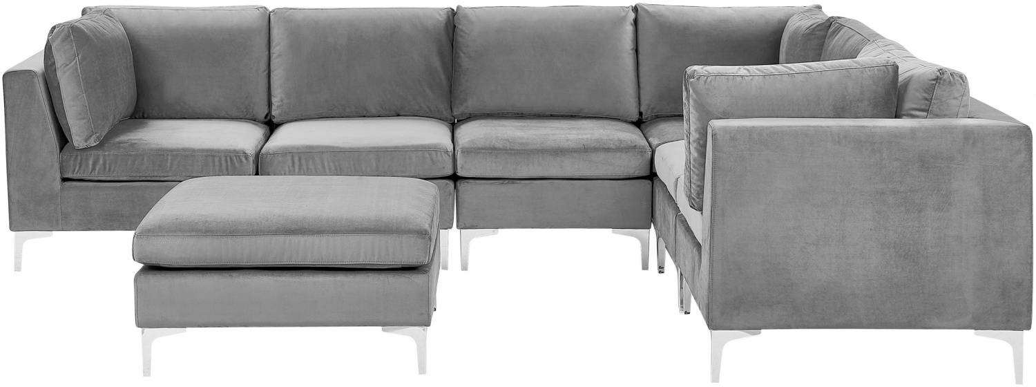 Ecksofa Samtstoff grau linksseitig mit Ottomane 6-Sitzer EVJA Bild 1