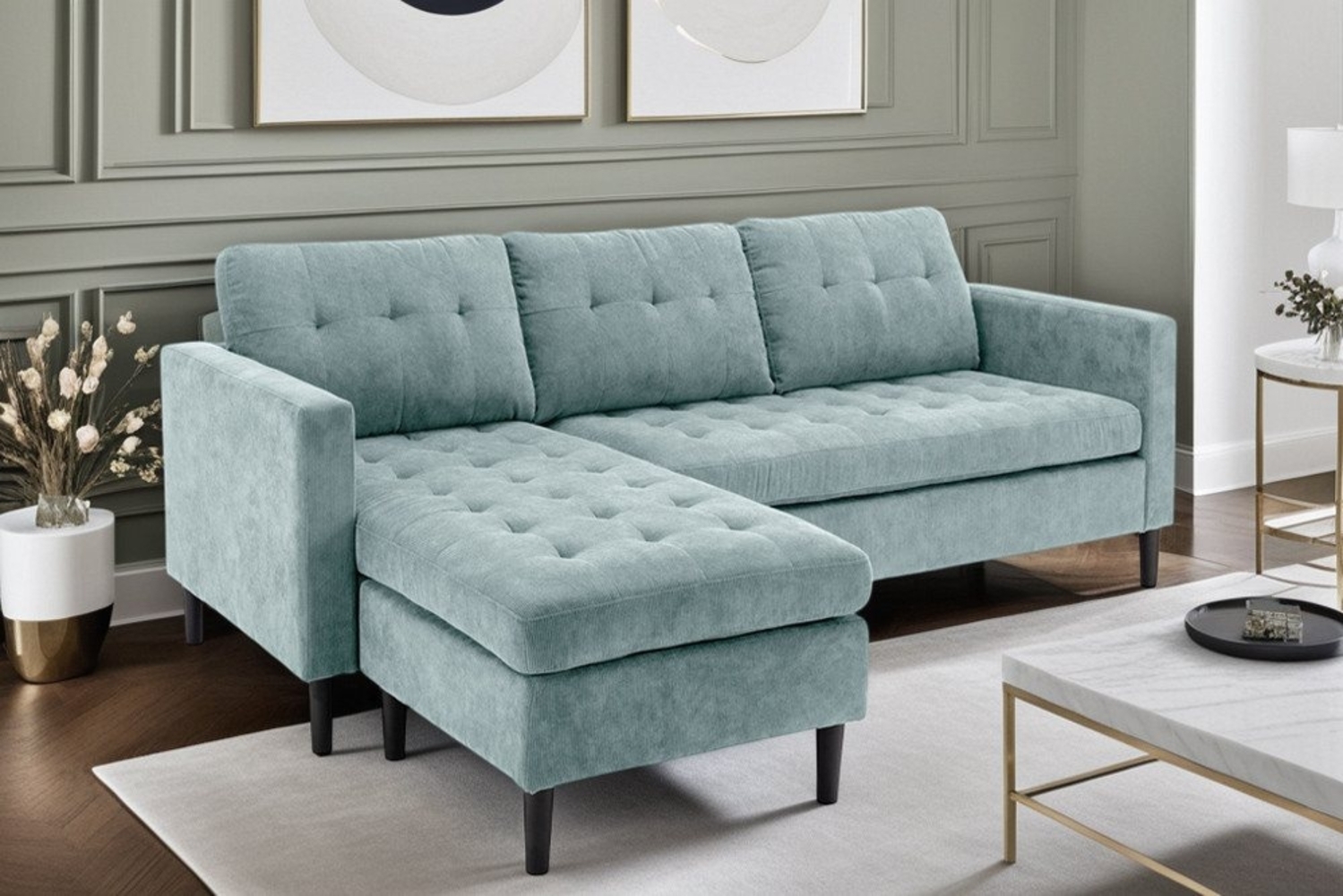 riess-ambiente 3-Sitzer STOCKHOLM 220cm aqua · 3-Sitzer aus Cordstoff mit Federkern & Ottomane, Einzelartikel 1 Teile, L-Form · Rücken echt bezogenes Bigsofa · Ottomane frei montierbar Bild 1