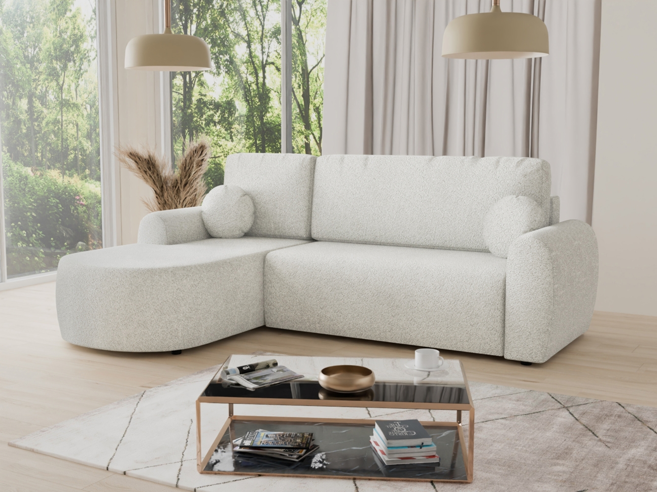 Ecksofa Jazz mit Schlaffunktion und Bettkasten - Bouclé-Stoff - L-Form Couch, Polstersofa, Schlafsofa, Sofagarnitur, Bettsofa (Weiß (Coral 70), Ecksofa Links) Bild 1