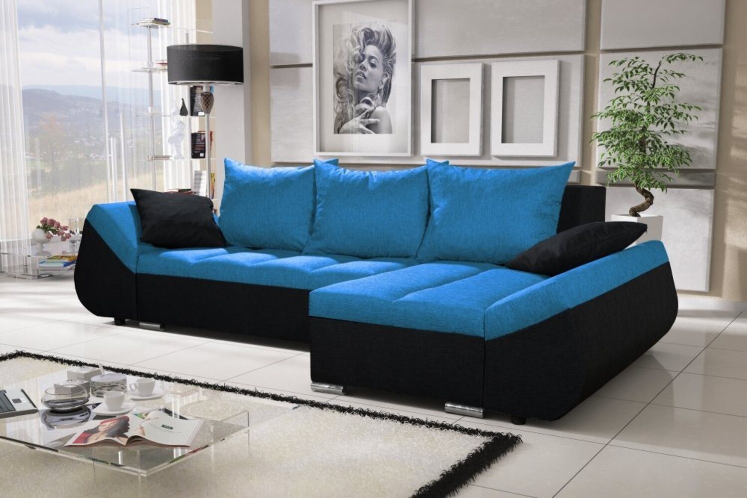 Ecksofa Sofa KLEO mit Schlaffunktion Schwarz-Blau Ottomane Rechts Bild 1