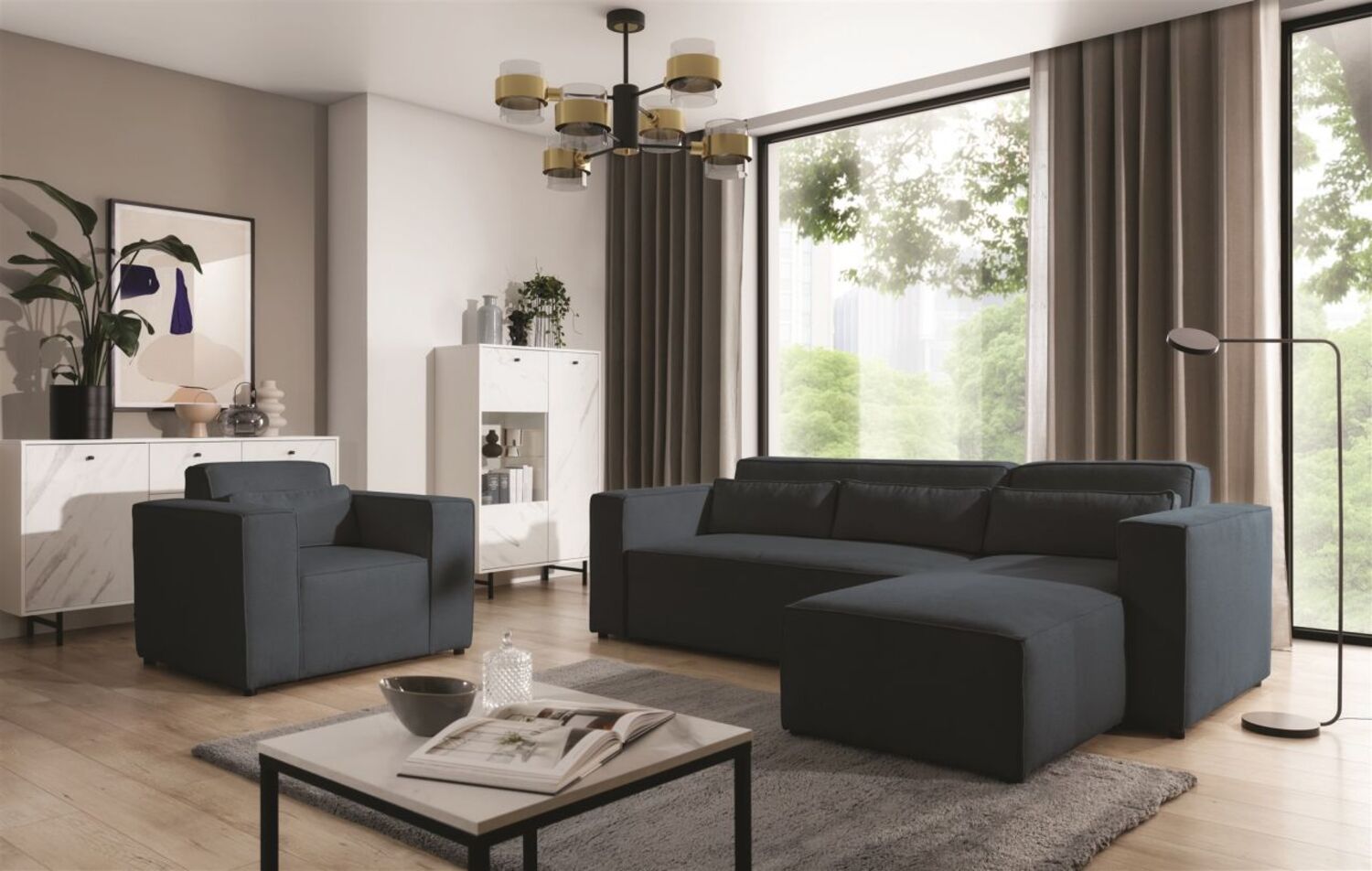 Ecksofa Schlafsofa inkl. Sessel WALDO Stoff Brooklyn Meeresblau Ottomane Rechts Bild 1