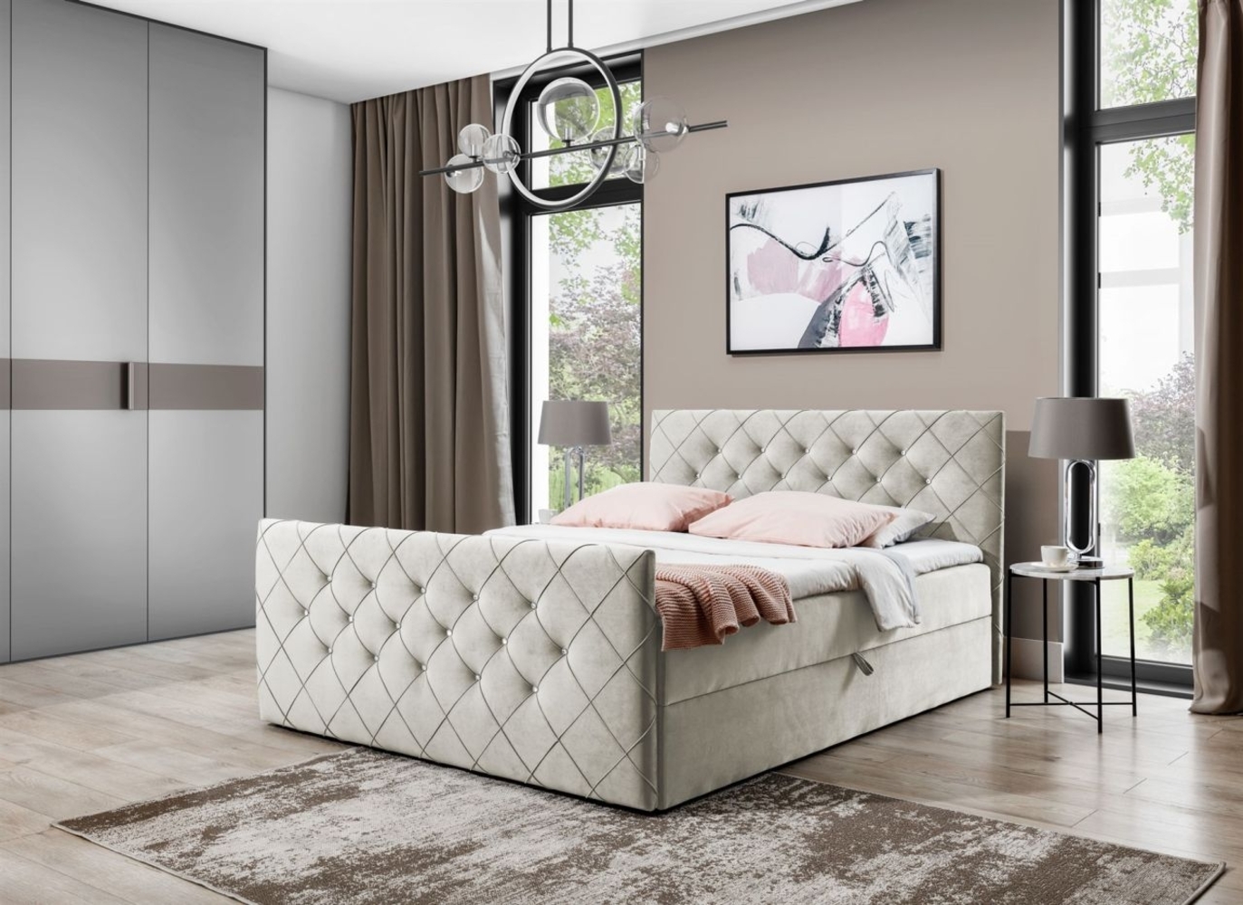 Boxspringbett Schlafzimmerbett EIVOR 120x220cm Stoff Magic Velvet Beige Bild 1