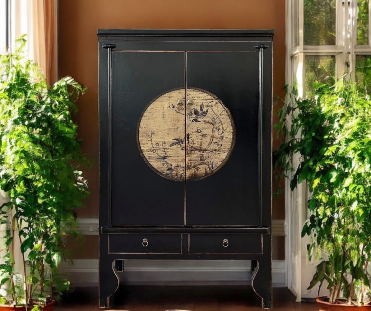 Chinesischer Hochzeitsschrank schwarz beige vintage kompakt Schrank Kommode Sideboard Lowboard asiatisch orientalisch shabby-chic Landhaus Bild 1