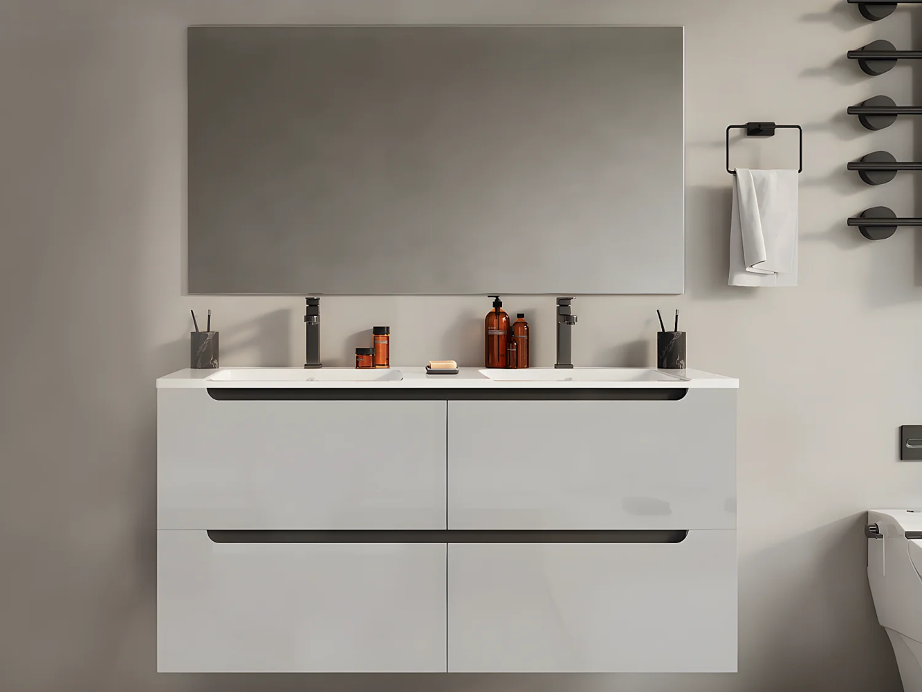 Vente-unique - Waschbeckenunterschrank hängend mit Doppeleinbauwaschbecken - Weiß - 120 cm - SELITA Bild 1