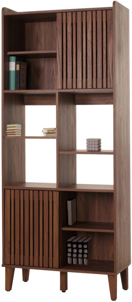 Bücherregal HWC-M48, Bücherschrank Hochschrank, Schiebetür 8 Staufächer Mango-Massivholz MDF 178x75x35cm ~ Walnuss-Optik Bild 1