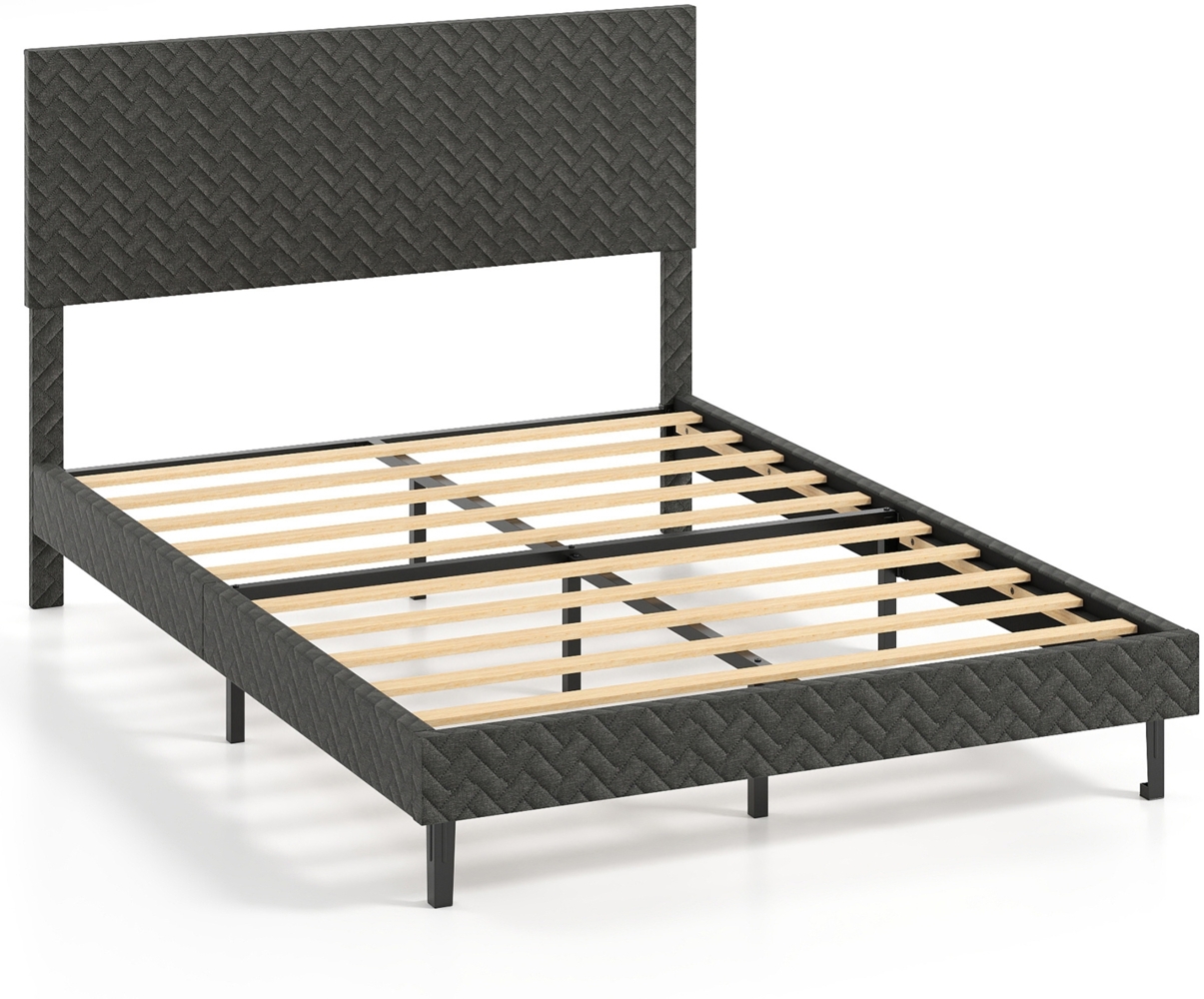 140 x 200 cm Samt-Bettgestell mit Höhenverstellbarem Chevron-Kopfteil Gepolsterte Bettrahmen Grau Bild 1