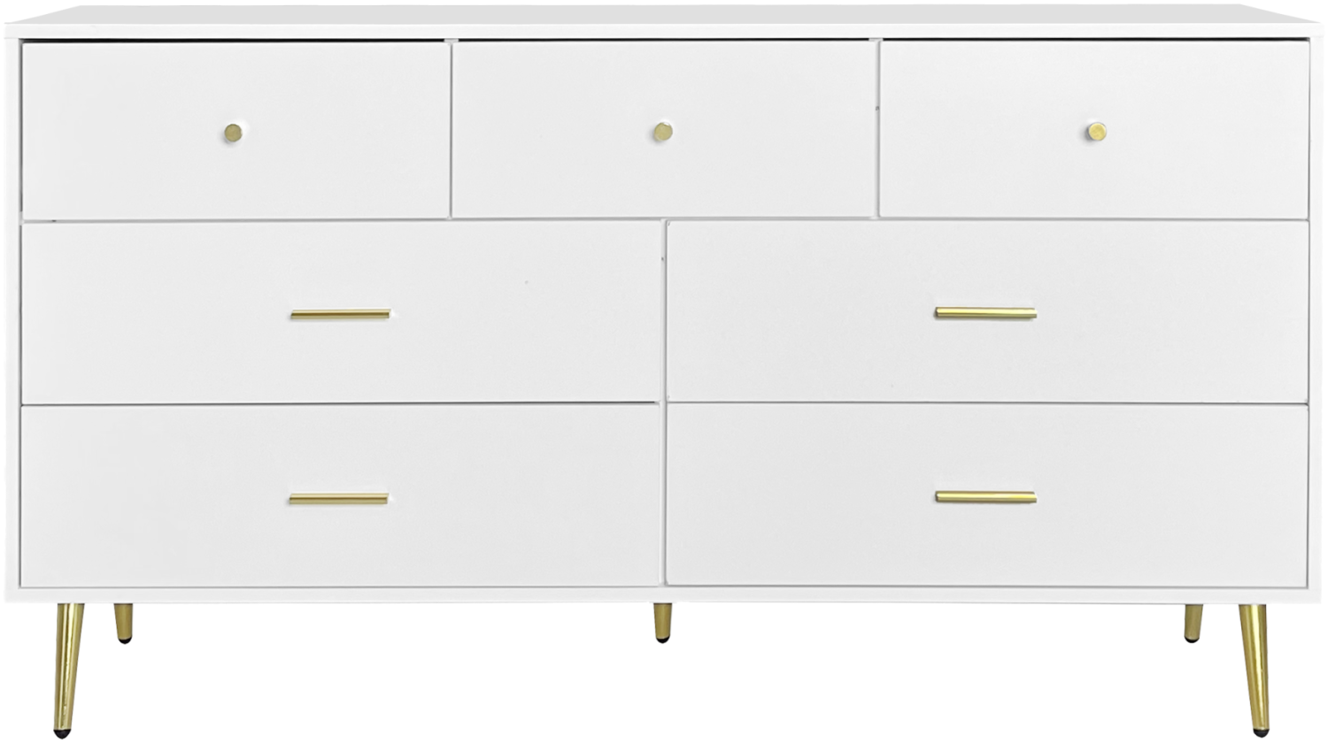 Merax Weißes Sideboard, 7 Schubladen, goldene Griffe, goldene Beine, glatte Schubladenführungen, 140*35*76cm, Esszimmer Anrichte Sideboard Küchenschrank Aufbewahrungsschrank Riser Schubladen Kommode Bild 1