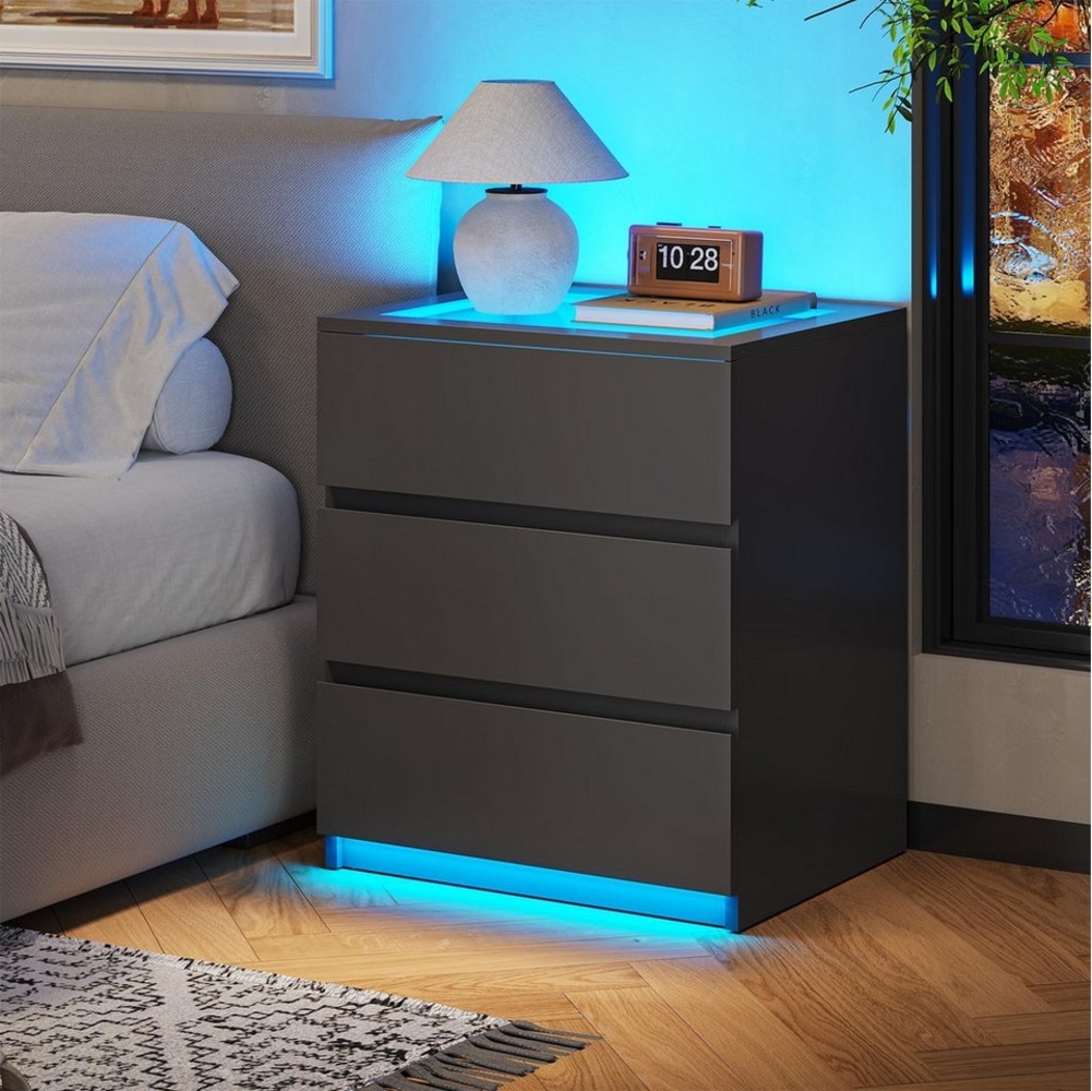 MSMASK Nachttisch mit LED-Beleuchtung, Beistelltisch, 3 Schubladen,45*36,5*55,5cm (1-St), Nachtschrank für Schlafzimmer, Wohnzimmer, Arbeitszimmer Bild 1