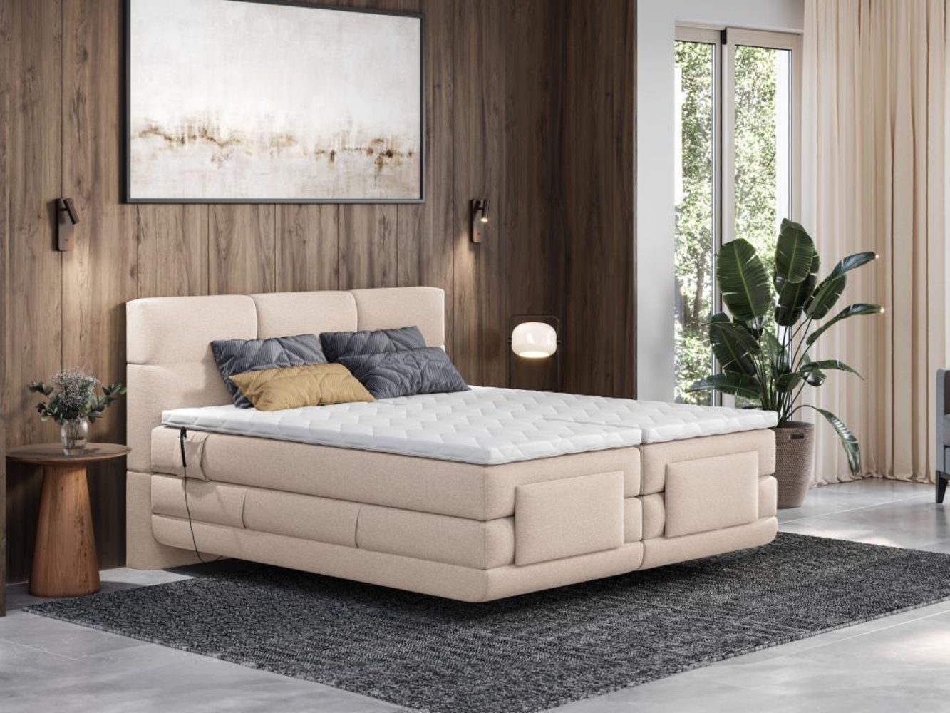 Vente-unique - Boxspringbett mit gestepptem Kopfteil + elektrischem Untergestell mit Relaxfunktion + Matratze + Topper - 2 x 80 x 200 cm - Stoff - Beige - LODI von PALACIO Bild 1