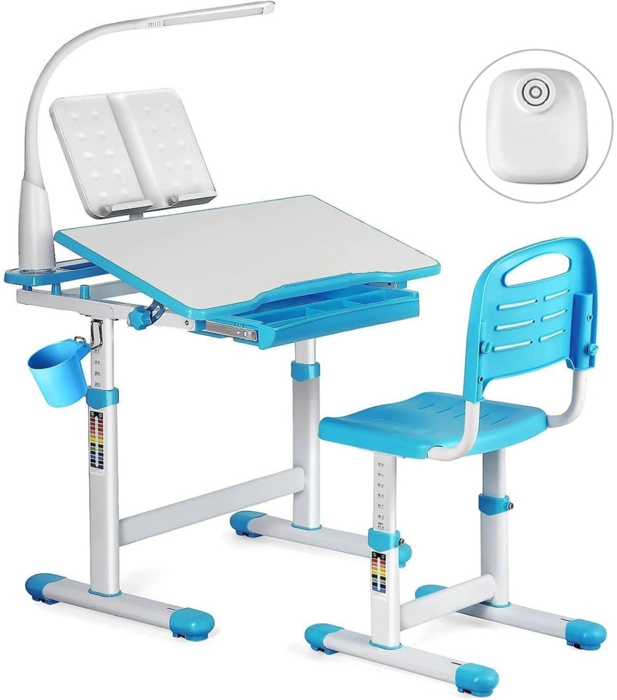 JOYLDIAS Höhenverstellbarer Kinderschreibtisch mit Lampe und Stuhl Blau Bild 1