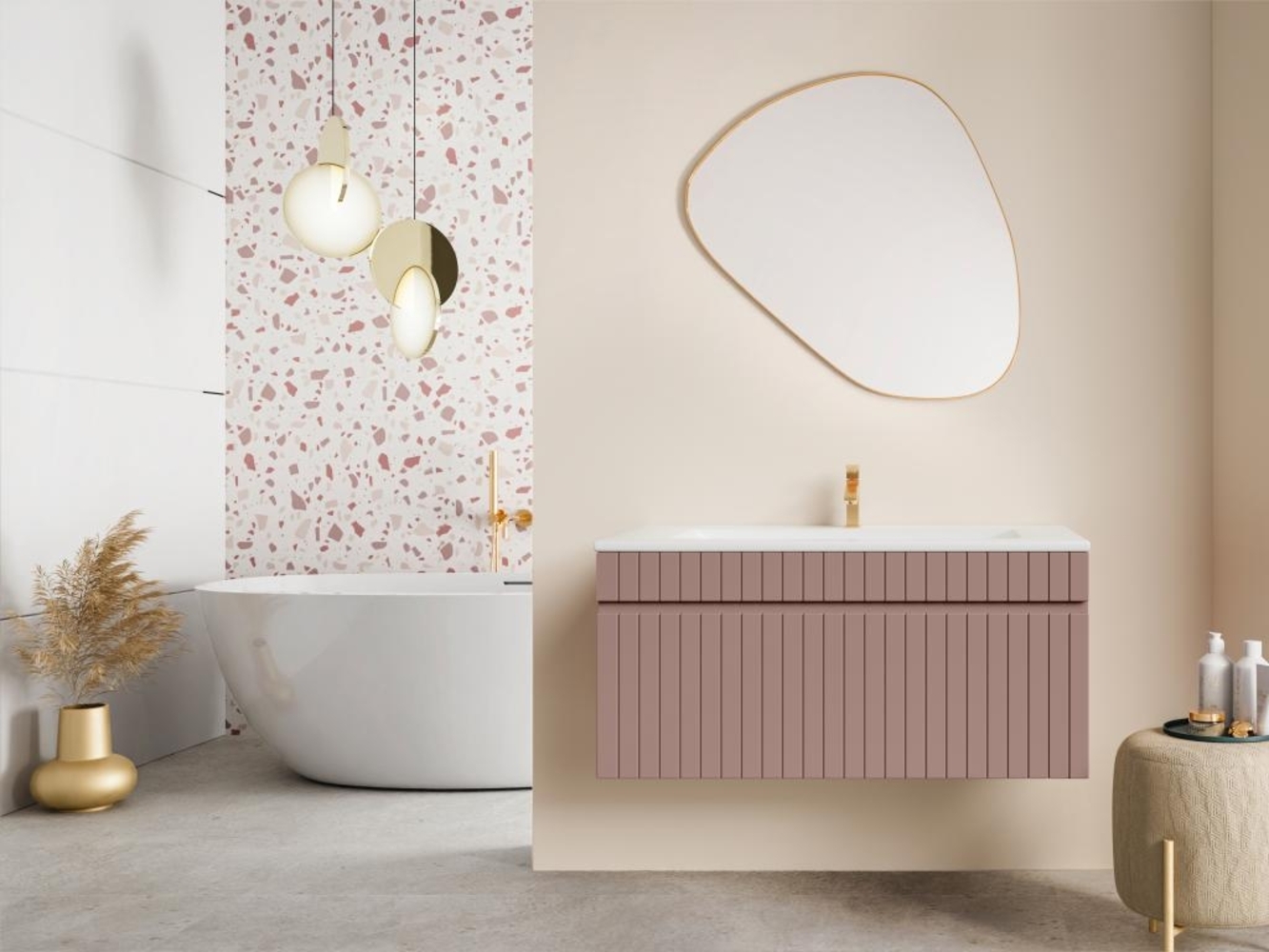 Vente-unique - Waschbeckenunterschrank hängend - Streifen-Optik - Rosa - 100 cm - SATARA Bild 1