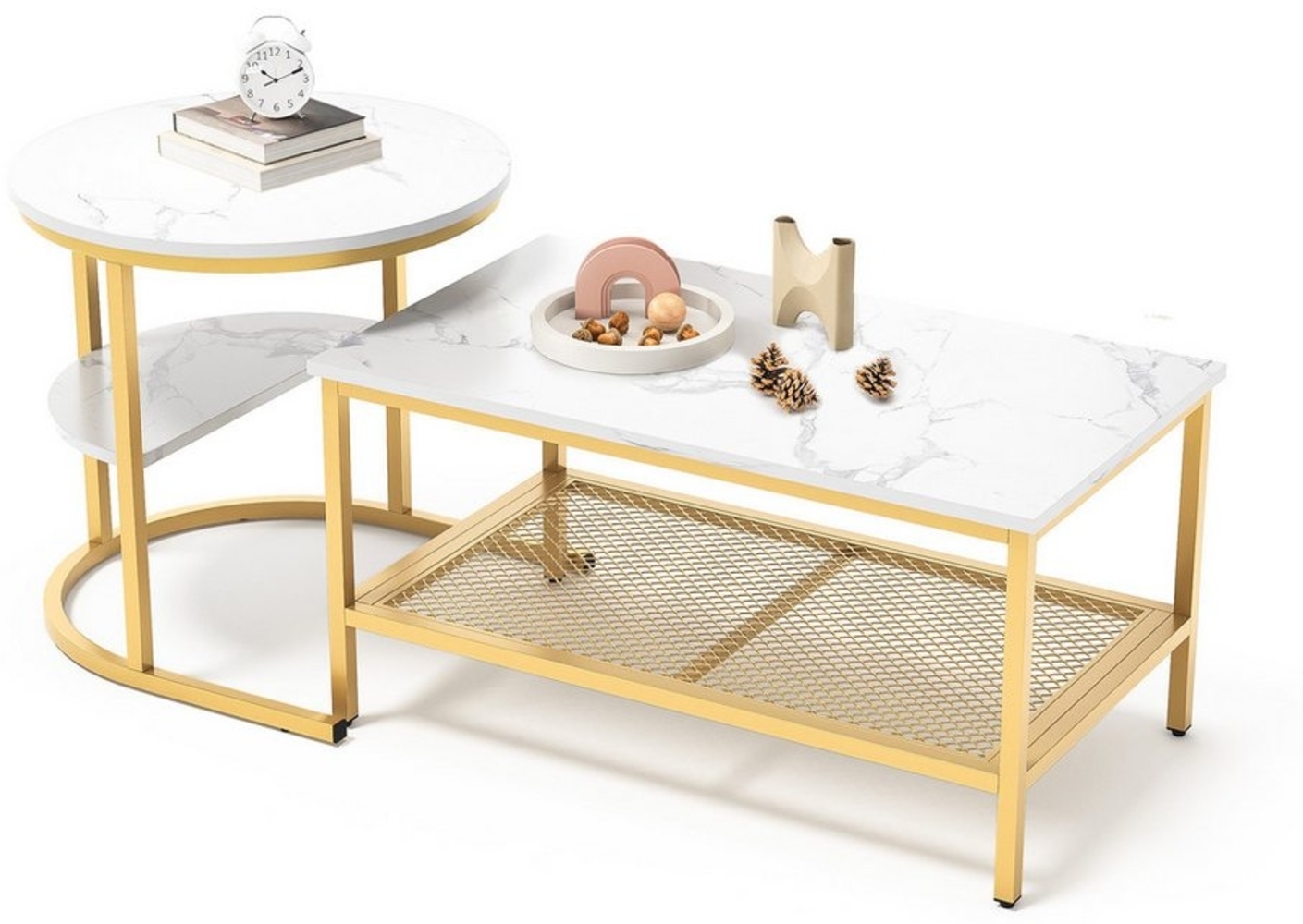 FUROKOY Couchtisch Wohnzimmer Tisch 2er Set Rechteckig Couchtisch mit Goldenen Beinen (Champagnerfarbe, Weiß-golden), Modern design Beistelltisch Tisch 2er set mit Stahlrahmen,Marmoroptik Bild 1