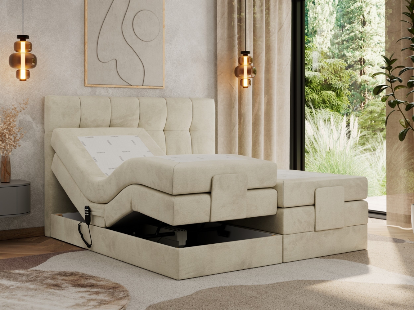 Elektrisches Bett, Boxspringbett mit Multipocket-Matratzen und Elektrisch verstellbare - VITTORIA - 140 x 200 cm - Beige Velvet - H3 Bild 1