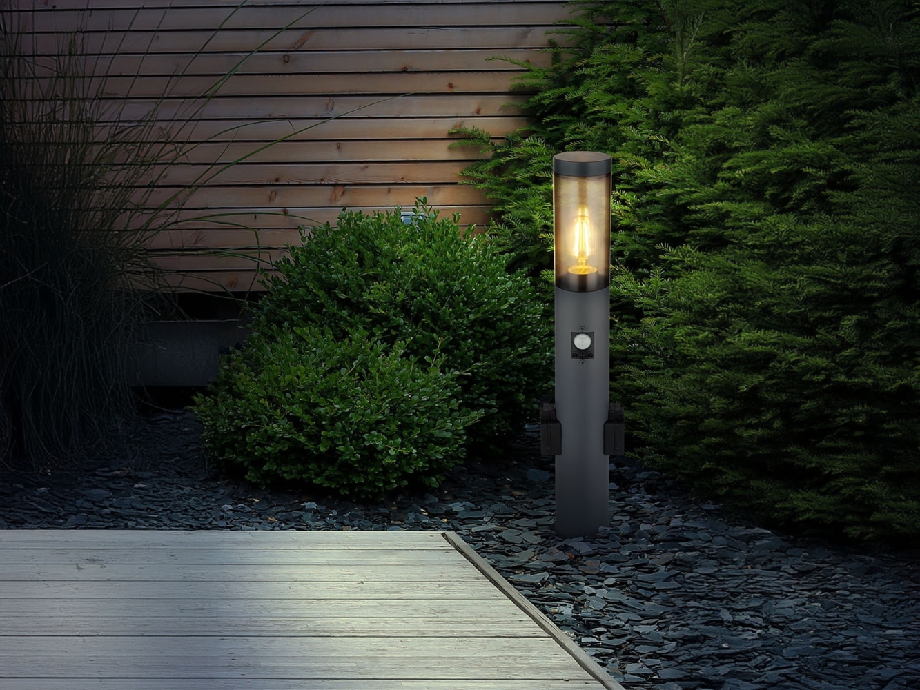 LED Wegeleuchte mit Bewegungsmelder & Steckdosen in Anthrazit & Rauch, H 60cm Bild 1