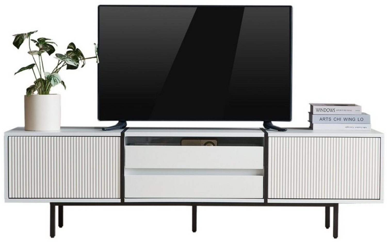 HAUSS SPOLE TV-Schrank Lowboard Sideboard Fernsehschrank Kommode mit Stauraum,Weiß (TV-Schrank mit ausziehbaren Schubladen für Projektor, Lowboard mit Stauraum und Farbblock-Design – für Wohnzimmer & Heimkino, 2 Türen & 2 Schubladen, erhöhte Füße, mode... Bild 1