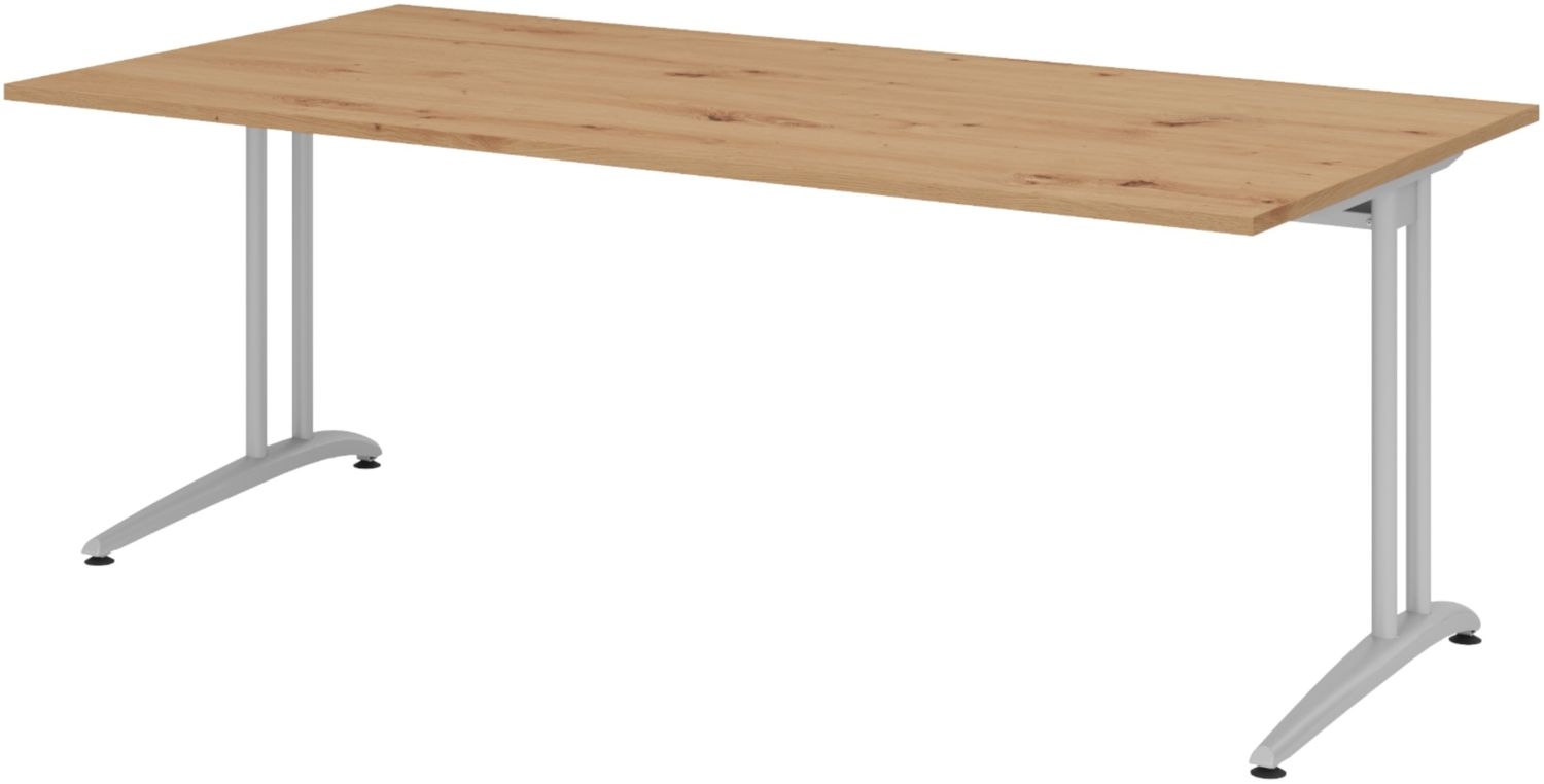 bümö Schreibtisch groß, Serie 200x100 cm, Tischplatte aus Holz in Asteiche, Gestell aus Metall in Silber - PC Tisch, großer Computertisch für's Büro, Office Bürotisch, BS-2E-R Bild 1