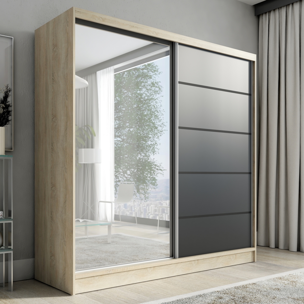 Schwebetürenschrank NERO 2 2-türig Schrank 200 cm (mit Spiegel) Farbe: Sonoma , schwarz Bild 1