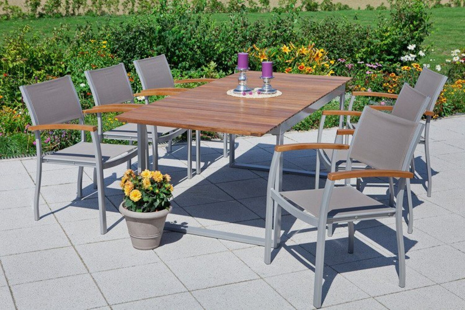 MERXX Garten-Essgruppe Naxos, (7-tlg, 6x Stapelsessel, 1x Ausziehtisch 150(200)x90 cm), Aluminium, Textilbespannung aus 100 % Polyester, Akazienholz Bild 1