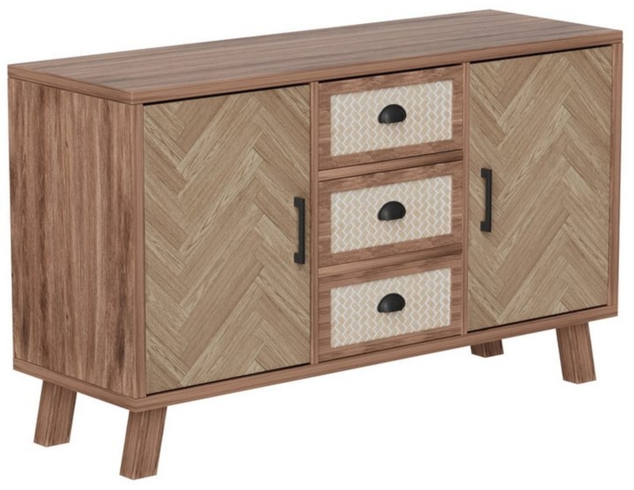 REDOM Sideboard Kommode (3 Schubladen, 2 Türen), mit Fischgrätenmuster, Beine aus Massivholz, 120*40*80cm Bild 1