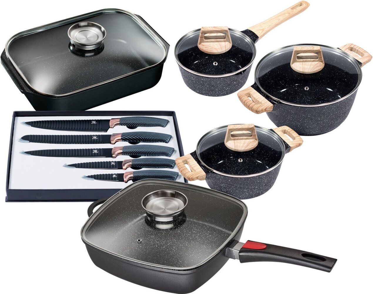 KING Topf-Set Square, Aluminiumguss (Set, 9-tlg, Stielkasserolle 18 cm, Kochtopf 20/24 cm, Bräter, Viereckpfanne 28 cm), Induktion Bild 1