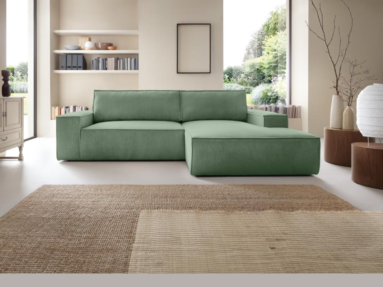 Vente-unique - Ecksofa mit Schlaffunktion - Ecke rechts - Cord - Mandelgrün - AMELIA Bild 1