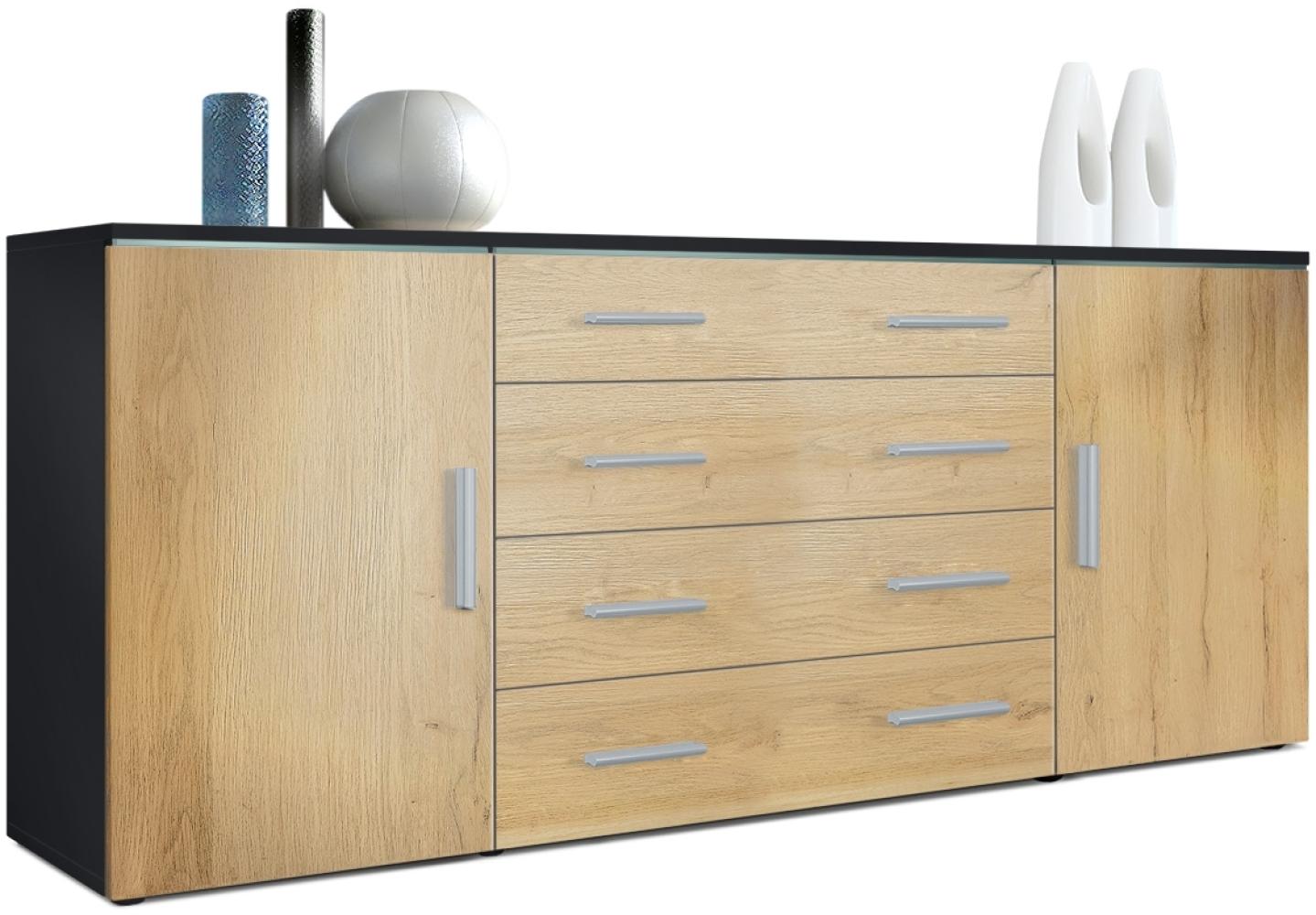 Vladon Sideboard Faro V2, Kommode mit 2 Türen und 4 Schubladen, Schwarz matt/Eiche Natur (166 x 72 x 35 cm) Bild 1