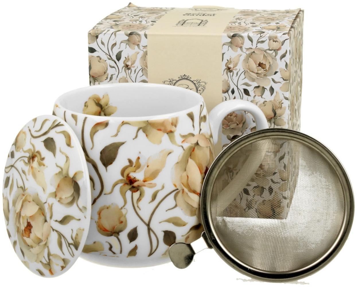 DUO FLORAL Fassbecher 430 ml ENGLISH ROSES WHITE mit Teesieb, New Bone China Porzellan Bild 1