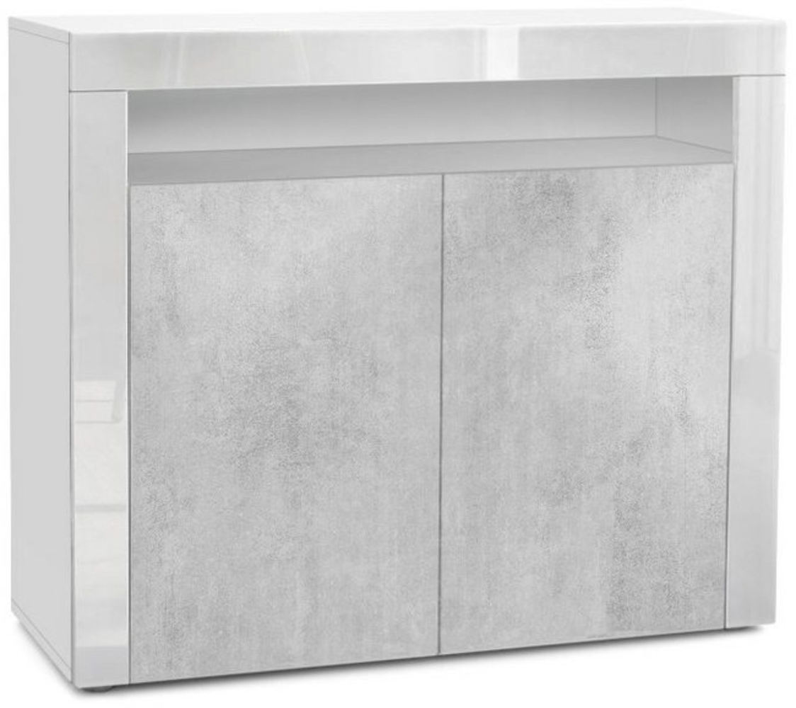 Vladon Kommode Valencia, Sideboard mit 2 Türen und 1 offenem Fach, Weiß matt/Beton Oxid Optik/Weiß Hochglanz (108 x 92 x 40 cm) Bild 1