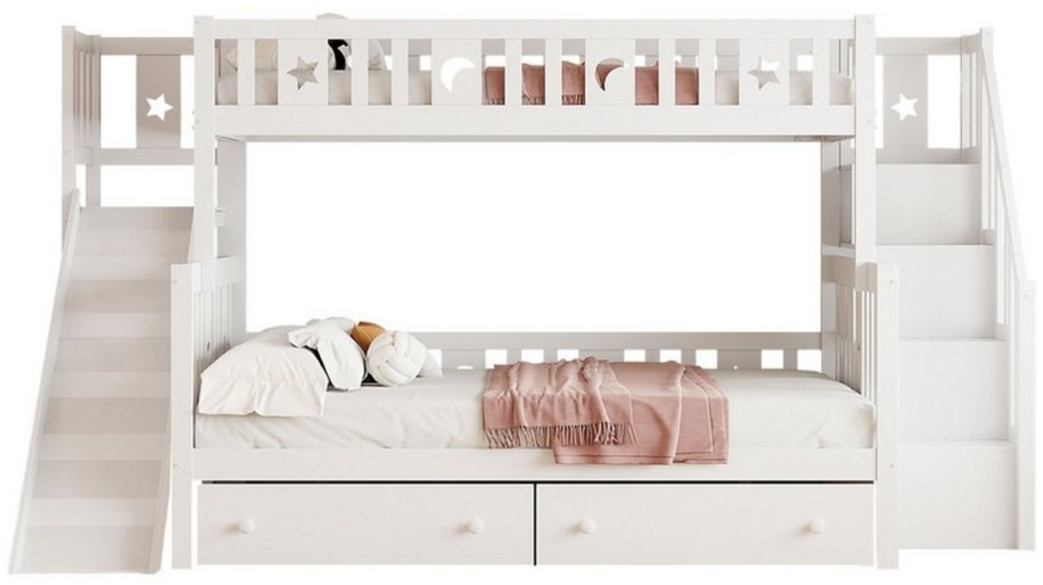 Flieks Etagenbett, Massivholz Kinderbett 90x200/140x200cm mit Treppe Rutsche 2 Schubladen Bild 1