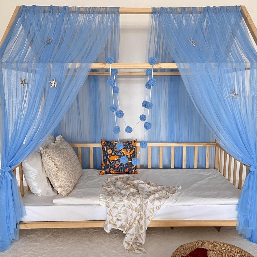 Baby Fancyroom Betthimmel Betthimmel Tüll Hausbett Kinderbett 2 Stück 340cm 380cm Montessori (3-tlg. Set mit 2x Betthimmel und einer 20er Pomponkette, Baldachin, Kinder Betthimmel Baldachin, Himmel Deko Set), Betthimmel für Hausbett Montessori Bild 1