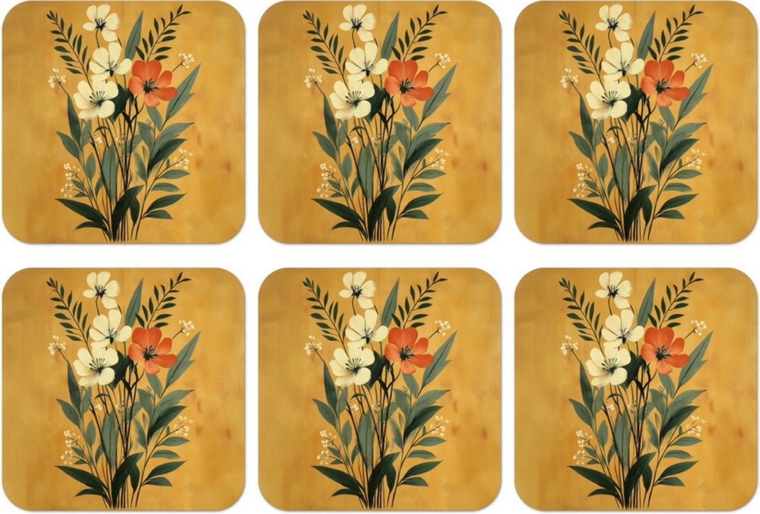 MuchoWow Glasuntersetzer Blätter - Blumenstrauß - Gelb, Zubehör für Gläser, 6-tlg, Tassenuntersetzer Kork, Quadrat, Untersetzer Set Gläser, 10x10 cm Bild 1