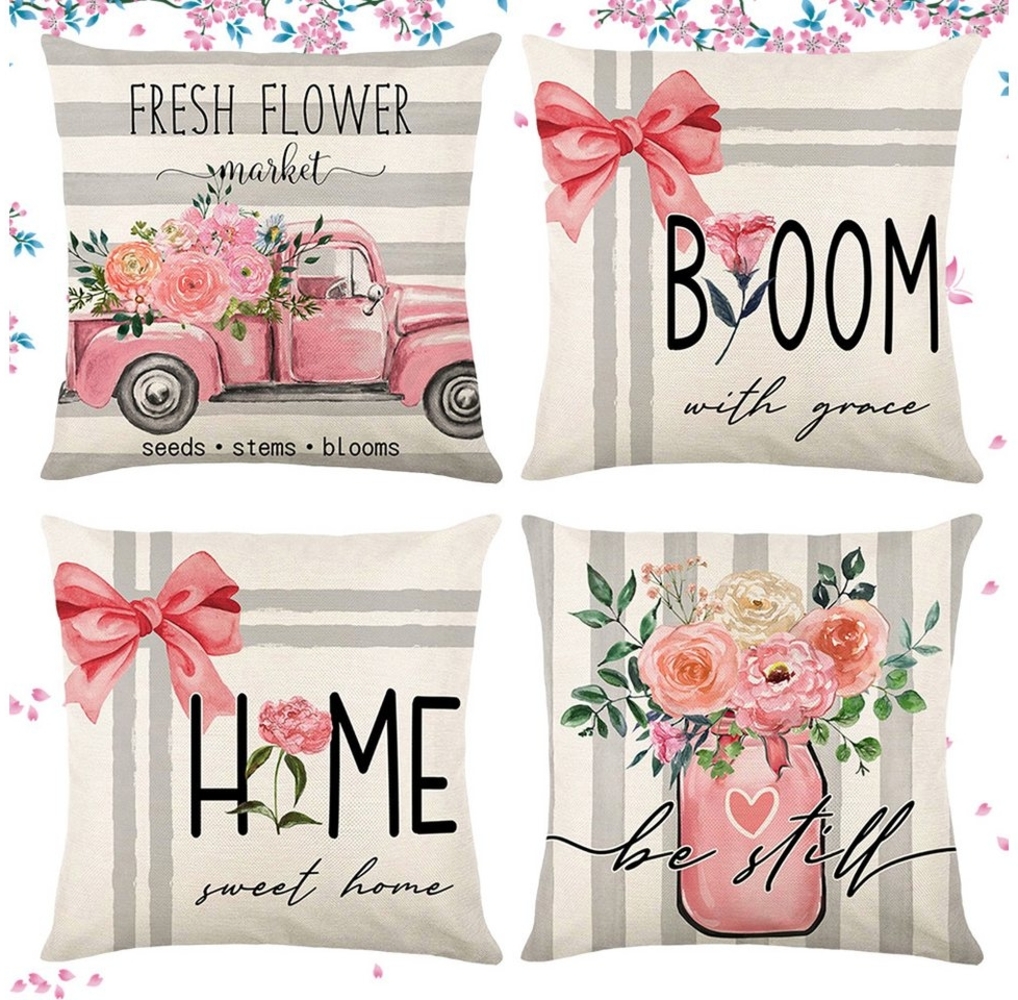 Jibenhome Kissenbezüge 45x45 Kissenbezug, 4er Kissenhülle Leinen Weiche Dekokissenbezug Sofa, Blume Pillow Cover Kissen Bezug, Zierkissenbezug Garten Wohnzimmer Bild 1