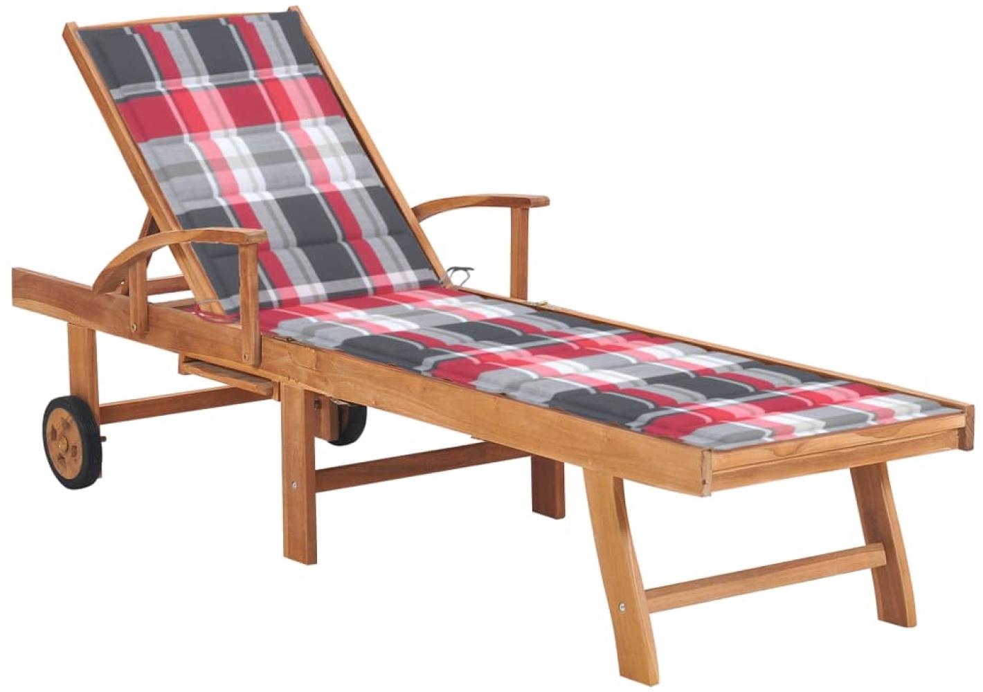 vidaXL Sonnenliege mit Auflage Rotes Karomuster Massivholz Teak 3063019 Bild 1