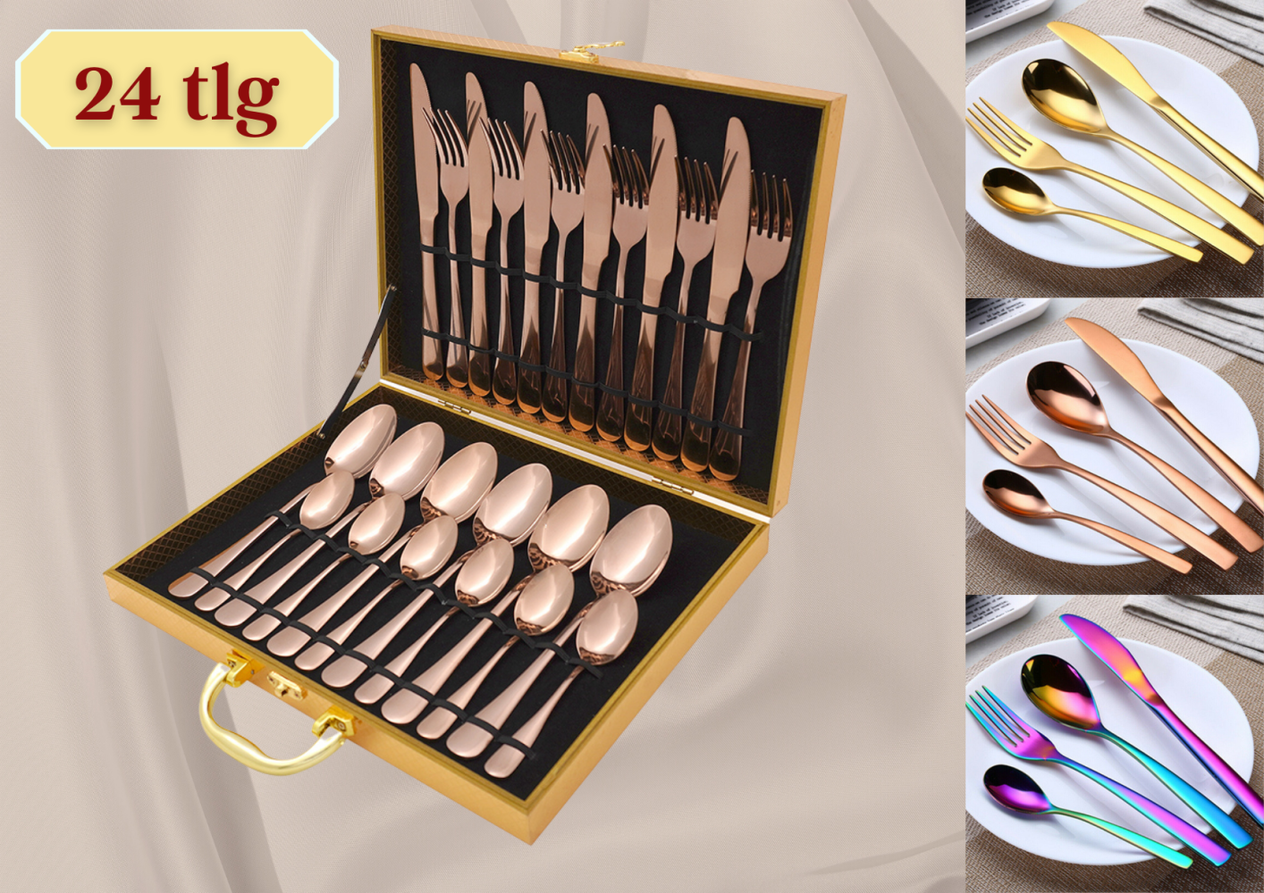 [Besteckset 24 tlg. [Wooden Box] in verschiedenen Farben] glänzendes Edelstahlbesteck für. 6 Personen Messer, Gabel, Löffel Cutlery Set mit Geschenkbox Bild 1