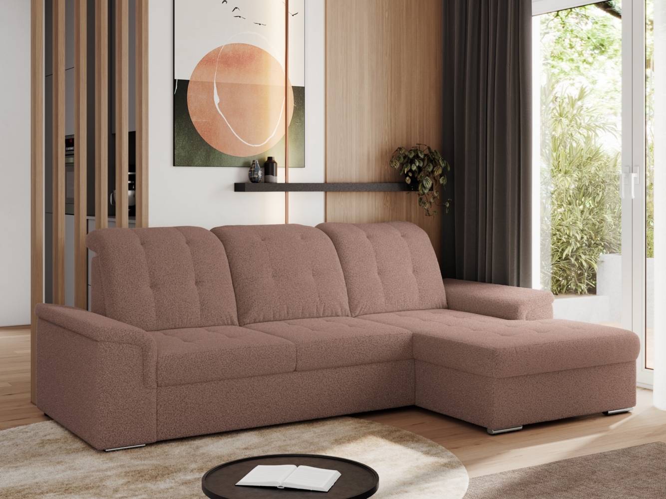 L-förmige Ecksofa mit gesteppter Sitzfläche und Rückenlehne, verstellbare Rückenkissen, Schlaffunktion und Bettkasten - MADRITO - Rosa Boucle - rechte Seite Bild 1