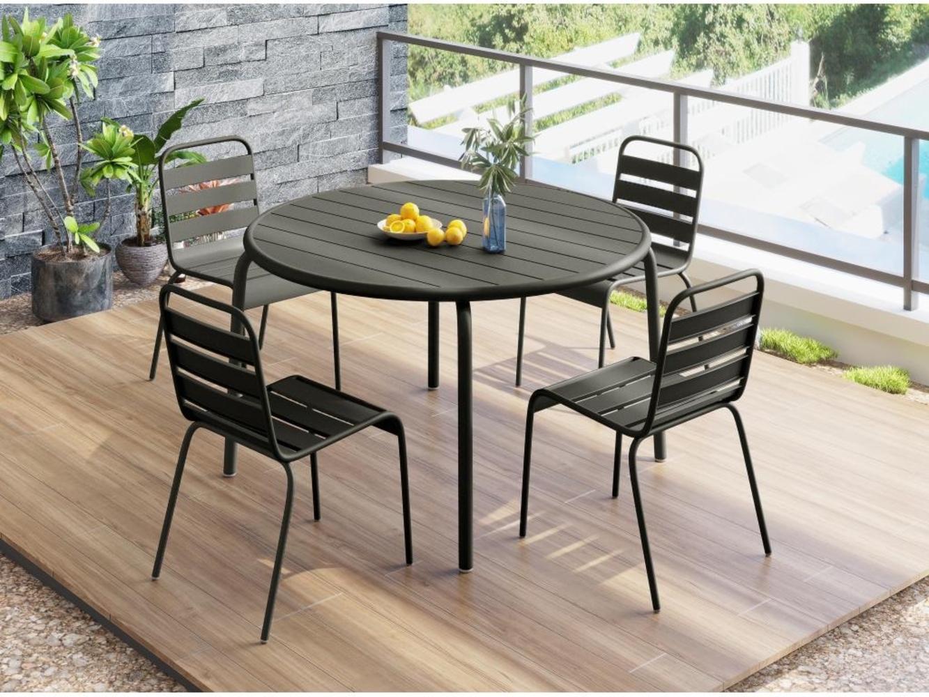 Vente-unique - Garten-Essgruppe: Tisch D. 110 cm + 4 stapelbare Stühle - Metall - Anthrazitgrau - MIRMANDE von MYLIA Bild 1