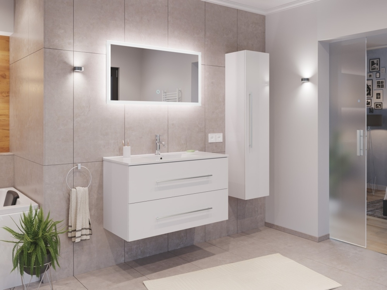 Badmöbel Set Firenze 100 3tlg. LED Spiegel und Hochschrank weiß hochglanz : Weiss hochglanz Bild 1