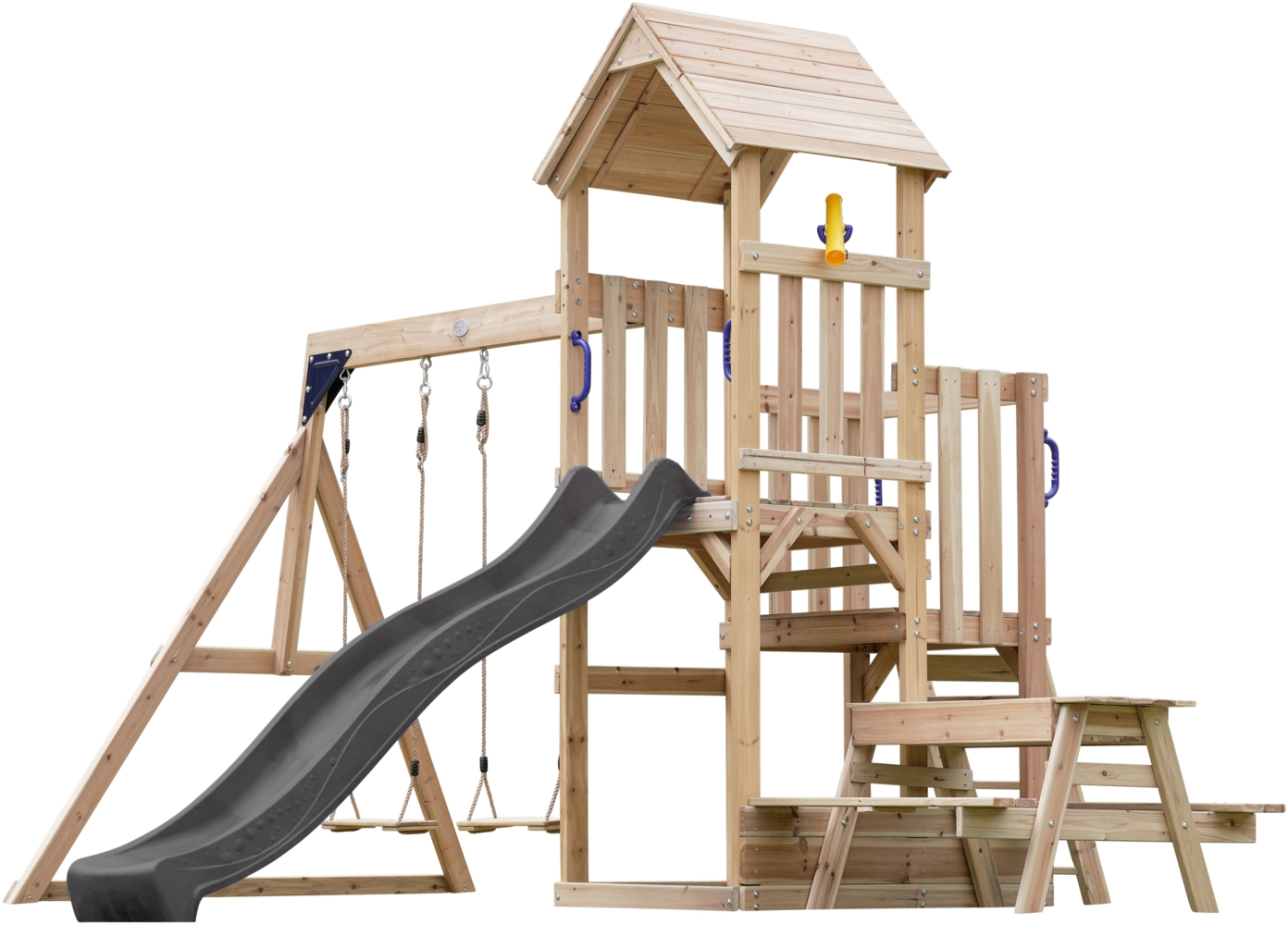 AXI Mette Spielturm aus Holz mit 2 Schaukeln XXL Spielhaus / Spielplatz für Kinder mit Picknicktisch, Sandkasten & Rutsche , grau | Braun, Grau | Holz | 383 cm Bild 1