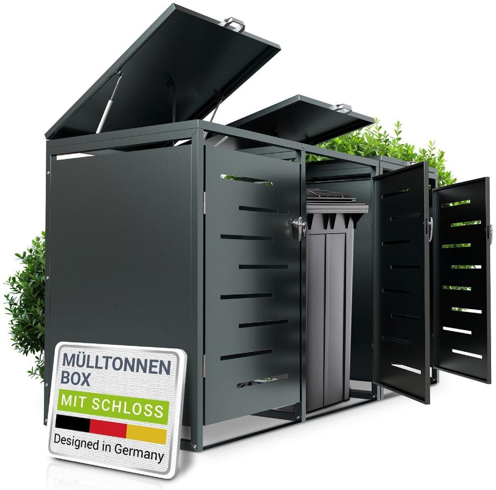 Juskys Mülltonnenbox Arel 3er - Metall Gartenbox für 120l Mülltonnen - Aufbewahrungsbox abschließbar - Unterstand mit Dach & Gasdruckfeder - Anthrazit Bild 1