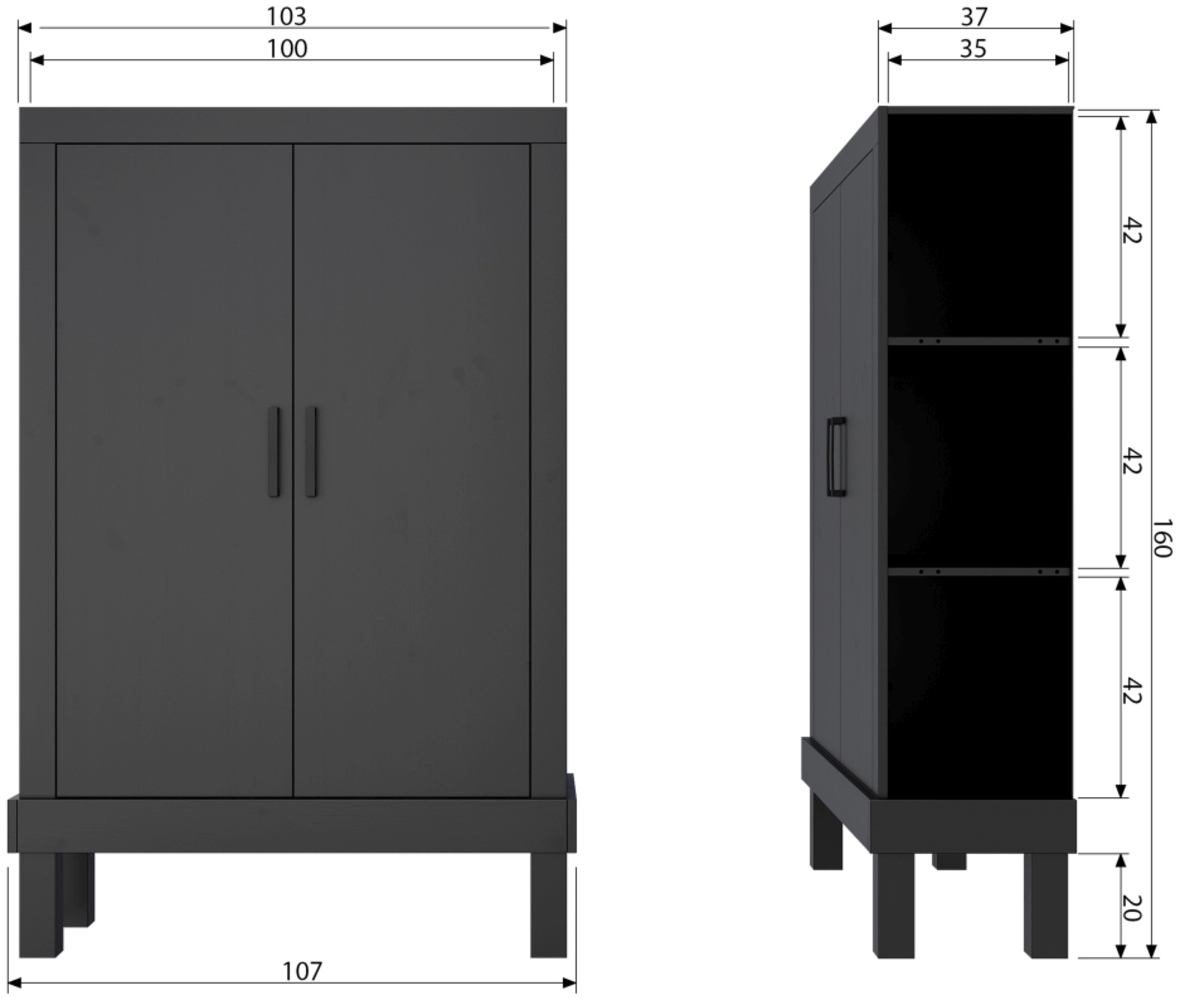 Basiclabel Schrank Bonk aus Kiefernholz mit Türen, Schwarz, 107x39x160 cm Bild 1