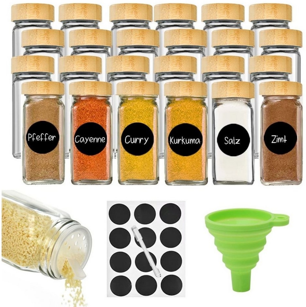 mixed24 Gewürzstreuer 24x Gewürzgläser mit Bambus Deckel, (24-tlg), inkl. 50x Etiketten, Stift und Silikon Trichter Bild 1
