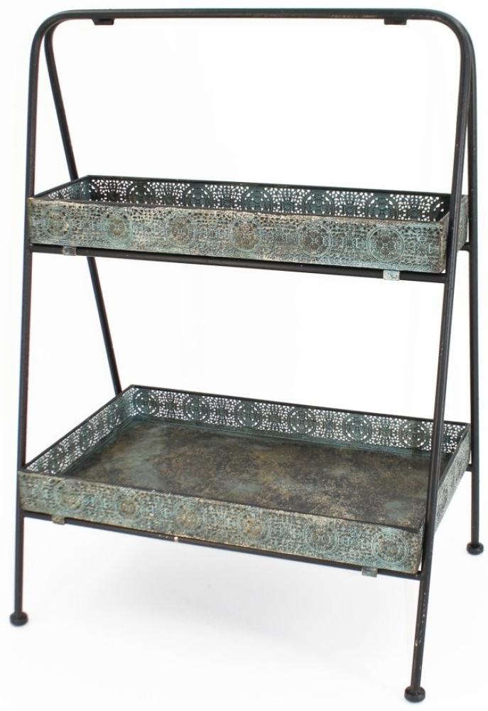 Blumen Etagere aus Metall petrol-kupfer Antik Look mit Ornamenten mit 2 Platten 48x34x67cm Bild 1