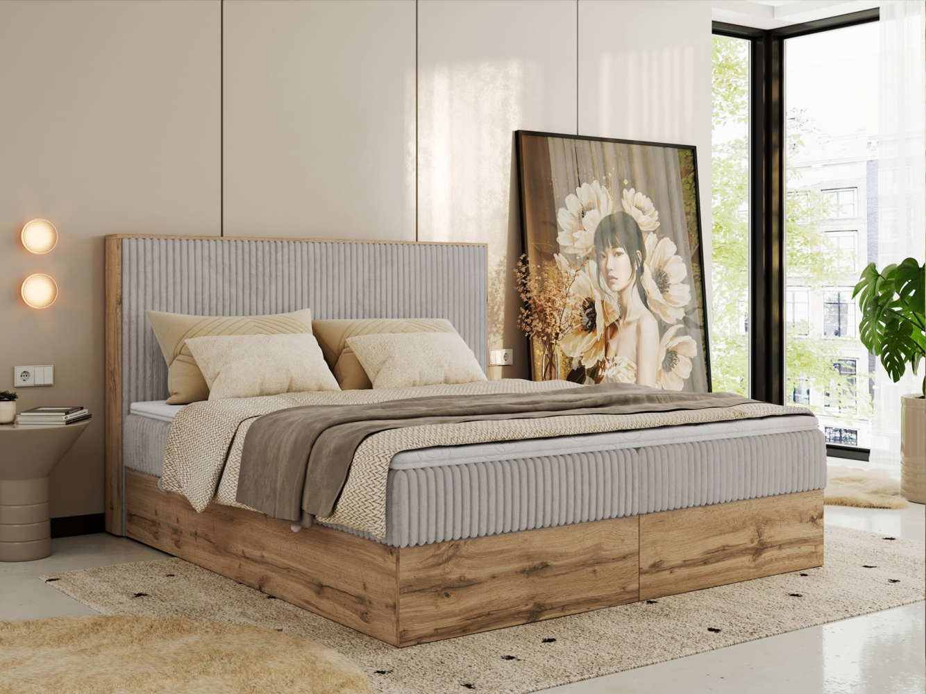 Doppelbett, Boxspringbett mit Bettkästen, Multipocket-Matratze und Topper, Set mit Kopfteil, Eiche Wotan Holzrahmen - WOOD CLASSIC - 200 x 200 cm - Hellgrau Cord - H3 Bild 1