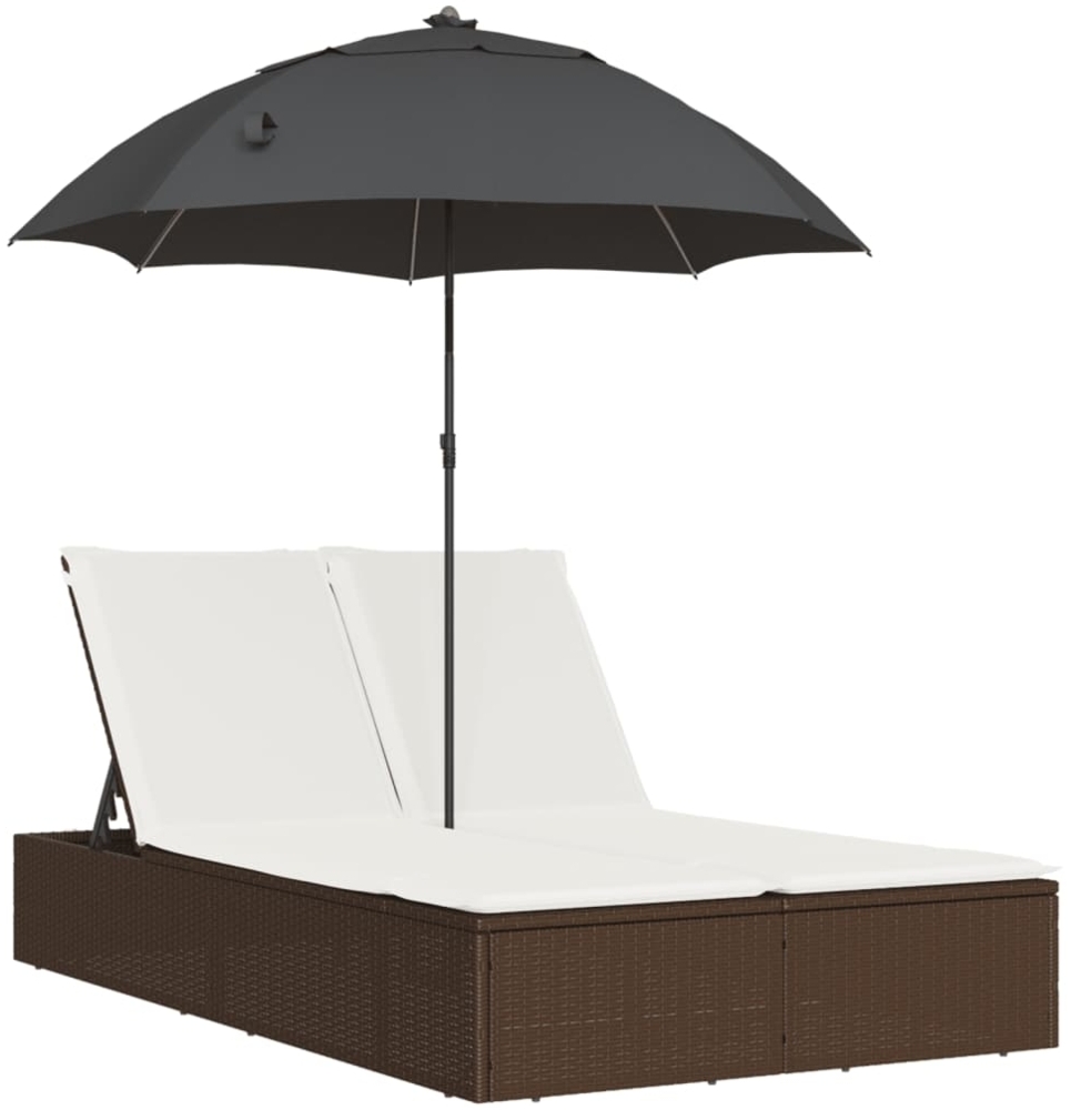 vidaXL Doppel-Sonnenliege mit Kissen & Sonnenschirm Braun Poly Rattan 368082 Bild 1