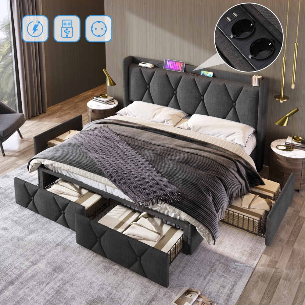 Polsterbett 140x200 cm mit 4 Schubladen, Kopfteil mit Steckdosen & USB, grauer Leinenbezug,mit Metallfüßen Bild 1