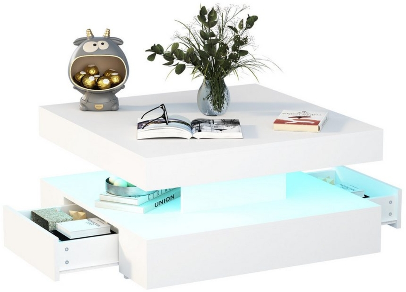 radelldar Couchtisch mit 2 Schubladen, LED&Fernsteuerung matt 78x78x40cm (1 Tisch), Wohnzimmertisch Kaffeetisch mit Verstecktem Stauraum für Wohnzimmer Bild 1