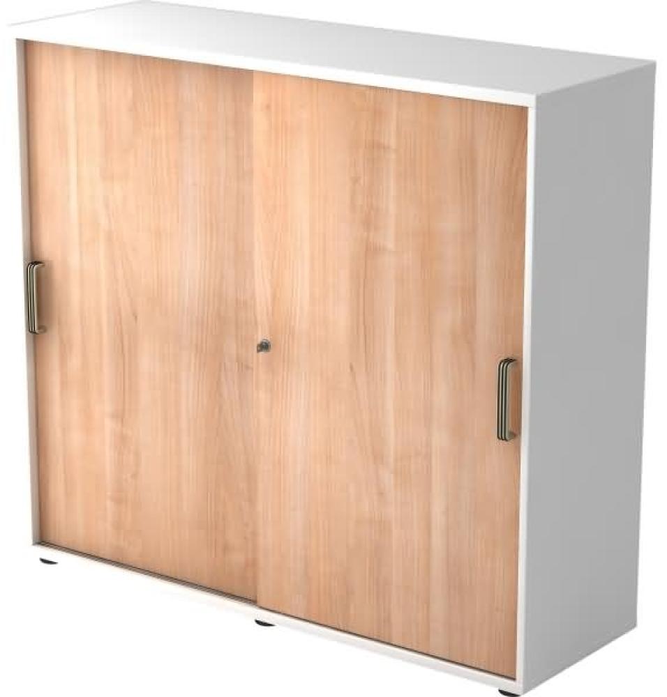 Büroschrank Aktenschrank Schiebetürenschrank, Weiß/Nussbaum, Streifengriff, 110 x 40 x 120 cm Bild 1