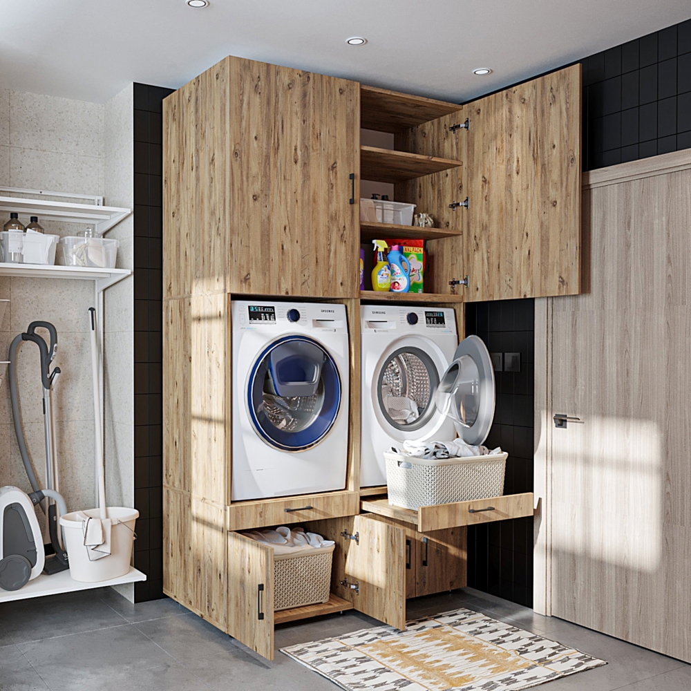 Roomart • Waschmaschinenschrank mit Schrankaufsatzen 95cm, in 3 Farben, HBT: 240x134x66,8 cm, mit Ausziehbrett, Eiche, Weiß, Schwarz Eiche Bild 1