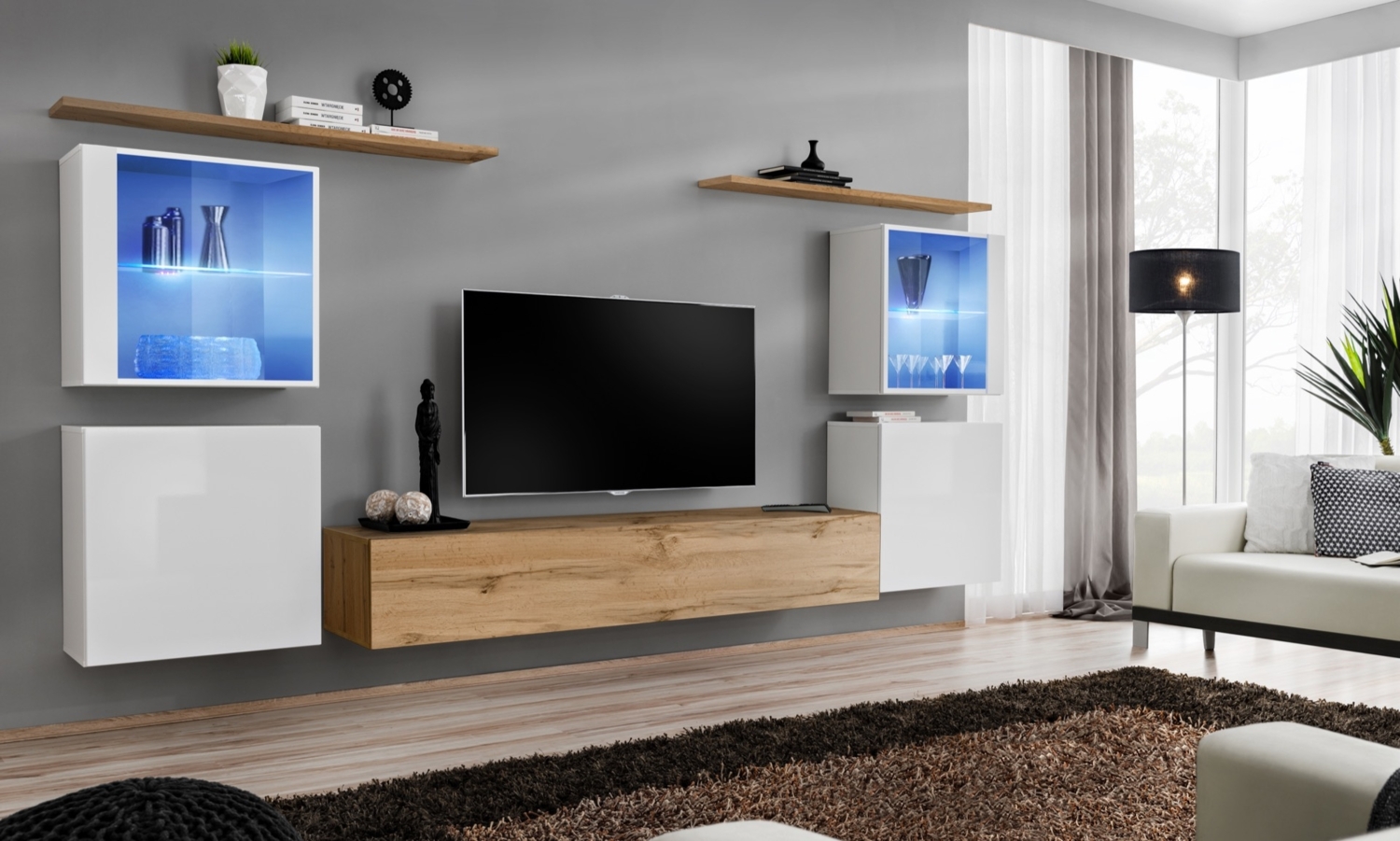 99rooms Swotch XIV Wohnwand Weiß Wotan Eiche Bild 1