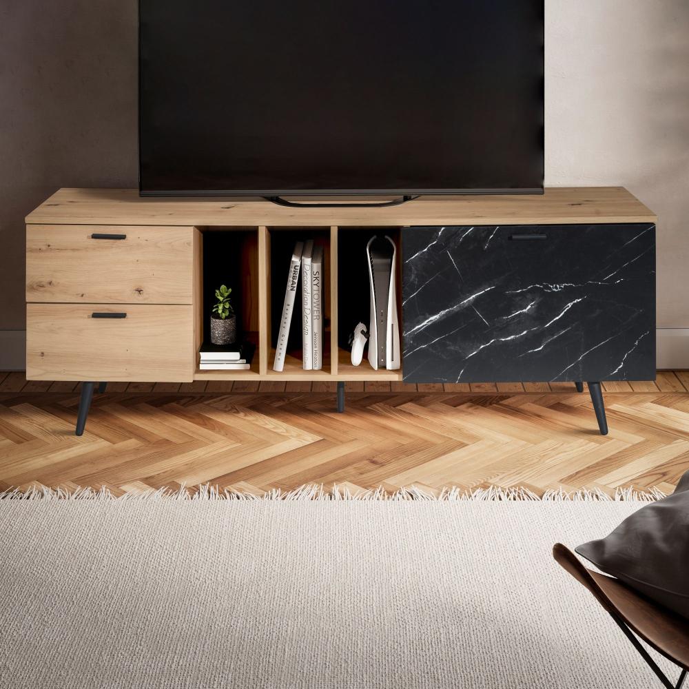 FineBuy Lowboard Eiche-Dekor mit Marmor-Look in Schwarz 150x55x40 cm TV-Kommode, Design TV-Schrank Hoch Modern, Fernsehtisch Fernsehschrank mit Tür & Schubladen, Fernsehkommode Wohnzimmer Modern Braun Bild 1